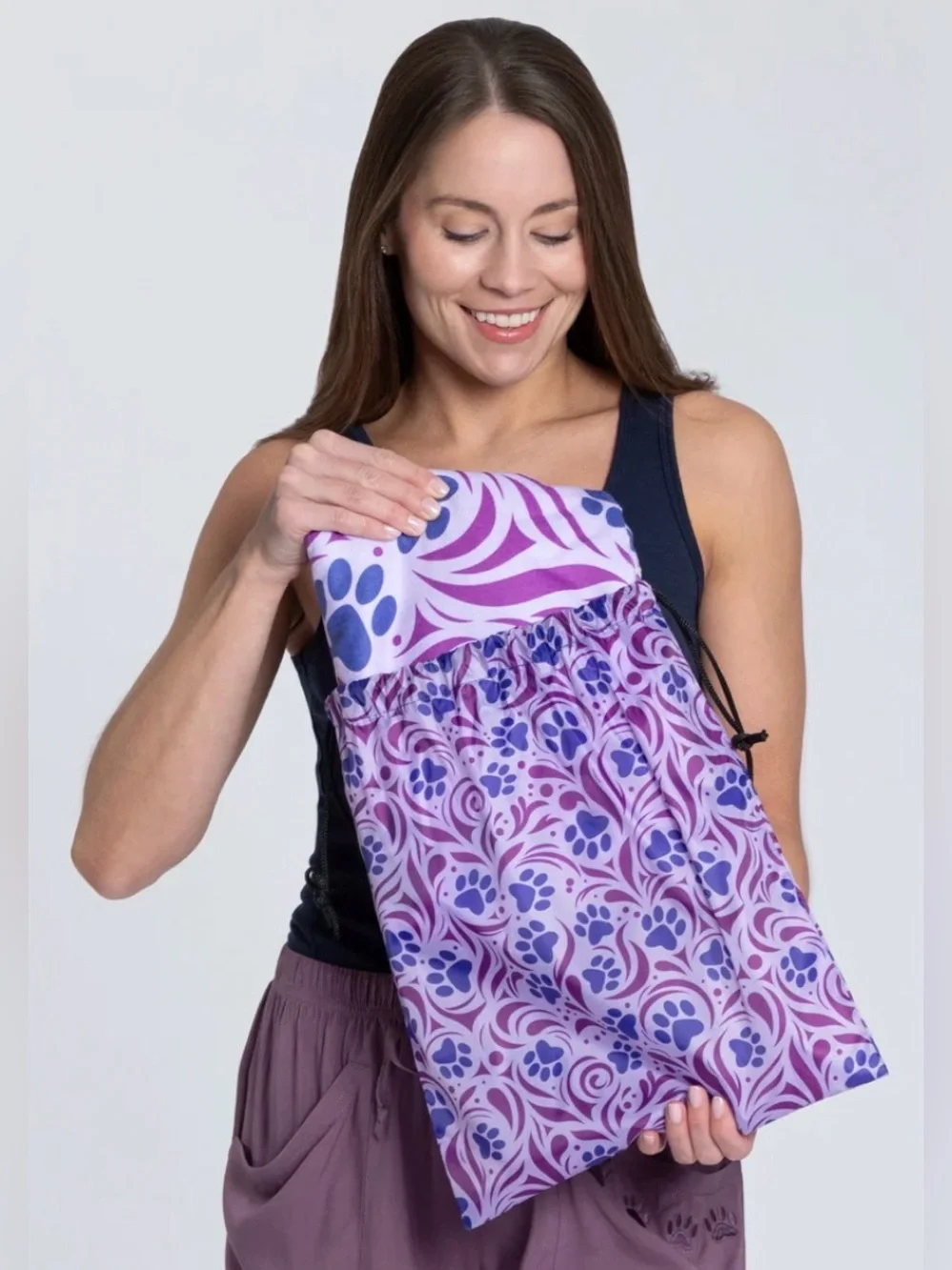 Whimsical Purple Paw Print Microfiber Beach Towel With Drawstring Carry Bag